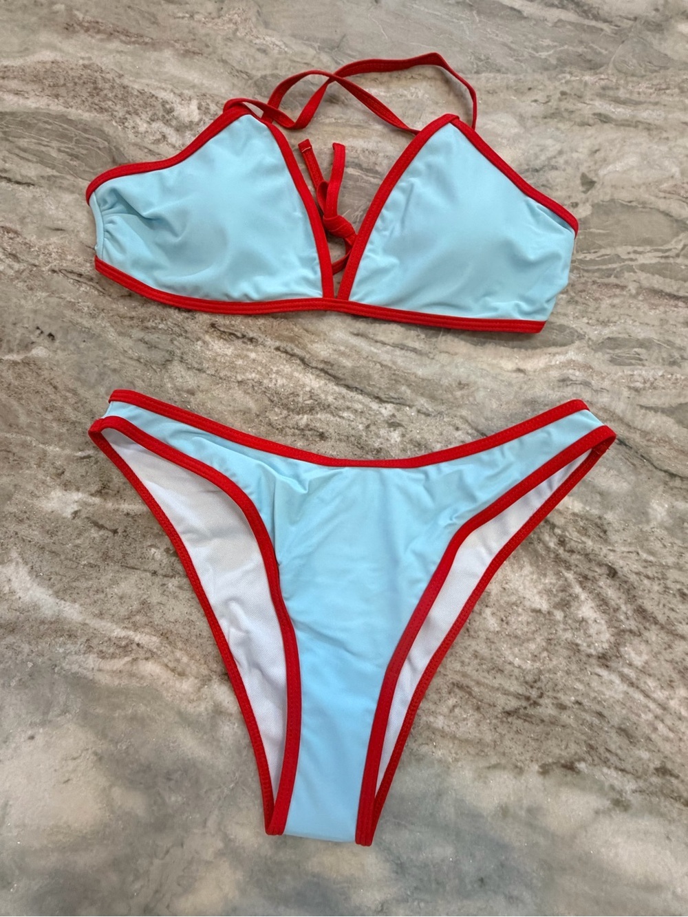 NWOT Unbranded Blue Red Trim High Cut Bikini Set Medium